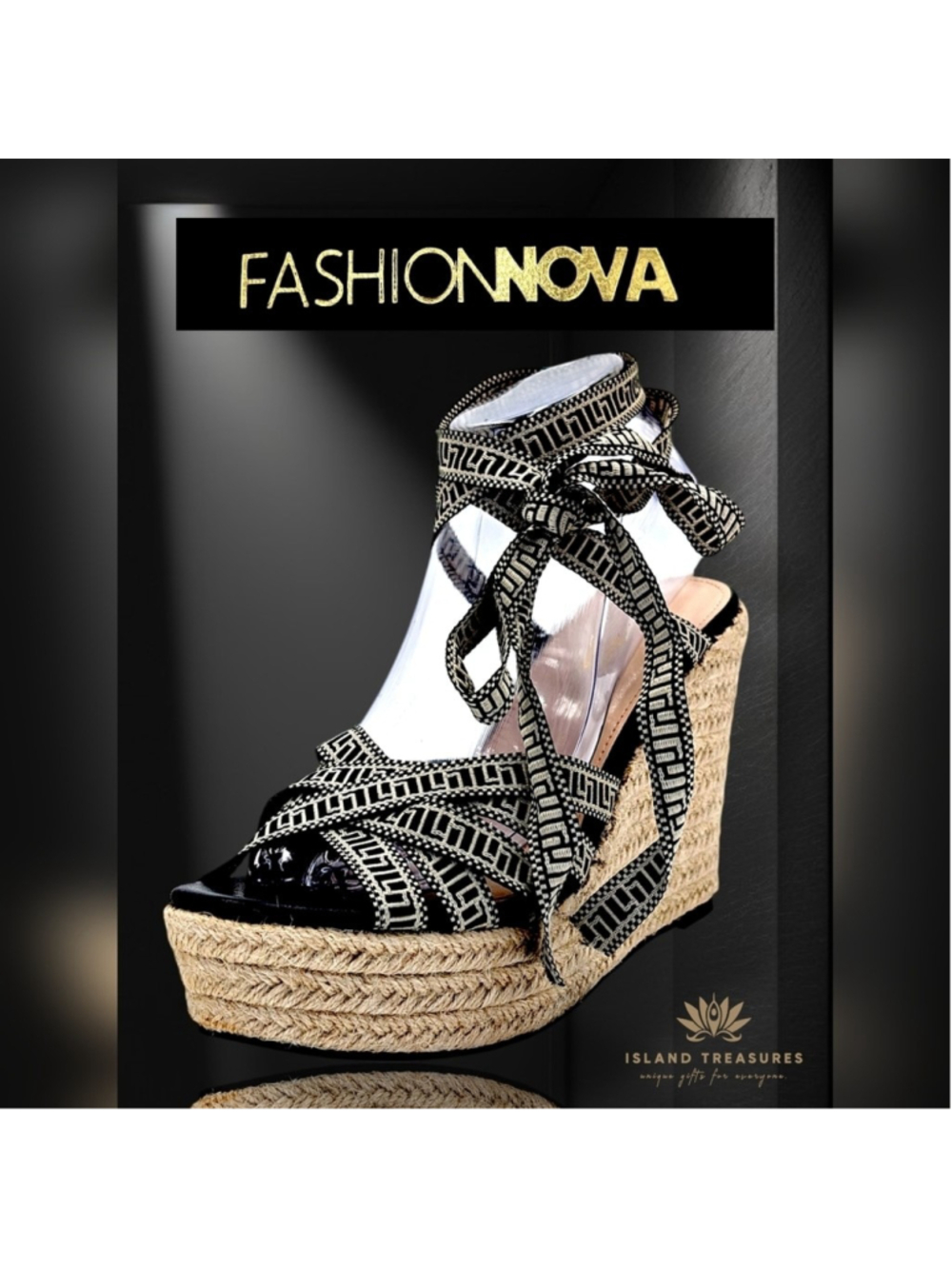 Fashion Nova Size 8 Wedge Espadrille Sandals Criss-Cross Straps Black & White